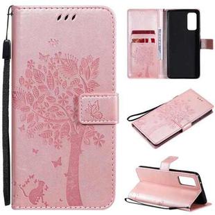 For Samsung Galaxy S20 FE 5G / S20 Lite Tree & Cat Pattern Pressed Printing Horizontal Flip PU Leather Case with Holder & Card Slots & Wallet & Lanyard(Rose Gold)
