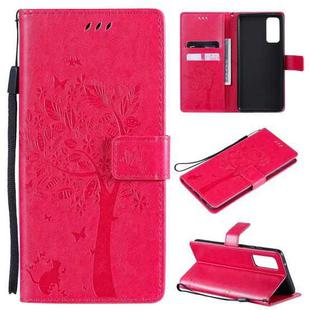 For Samsung Galaxy S20 FE 5G / S20 Lite Tree & Cat Pattern Pressed Printing Horizontal Flip PU Leather Case with Holder & Card Slots & Wallet & Lanyard(Rose Red)