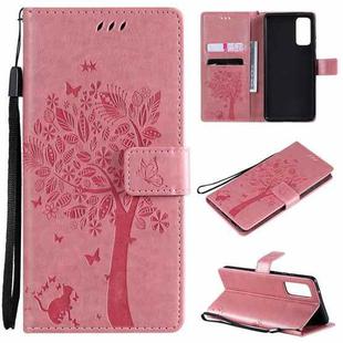 For Samsung Galaxy S20 FE 5G / S20 Lite Tree & Cat Pattern Pressed Printing Horizontal Flip PU Leather Case with Holder & Card Slots & Wallet & Lanyard(Pink)