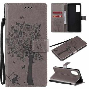 For Samsung Galaxy S20 FE 5G / S20 Lite Tree & Cat Pattern Pressed Printing Horizontal Flip PU Leather Case with Holder & Card Slots & Wallet & Lanyard(Gray)