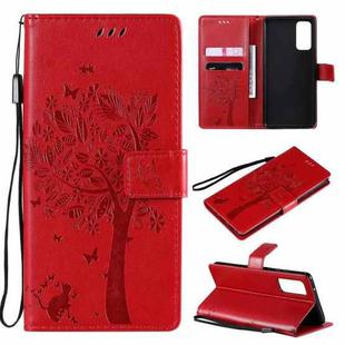 For Samsung Galaxy S20 FE 5G / S20 Lite Tree & Cat Pattern Pressed Printing Horizontal Flip PU Leather Case with Holder & Card Slots & Wallet & Lanyard(Red)