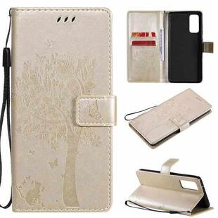 For Samsung Galaxy S20 FE 5G / S20 Lite Tree & Cat Pattern Pressed Printing Horizontal Flip PU Leather Case with Holder & Card Slots & Wallet & Lanyard(Gold)