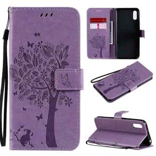 For Xiaomi Redmi 9A Tree & Cat Pattern Pressed Printing Horizontal Flip PU Leather Case with Holder & Card Slots & Wallet & Lanyard(Light Purple)