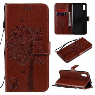 For Xiaomi Redmi 9A Tree & Cat Pattern Pressed Printing Horizontal Flip PU Leather Case with Holder & Card Slots & Wallet & Lanyard(Coffee)