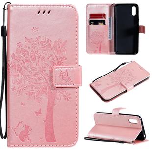 For Xiaomi Redmi 9A Tree & Cat Pattern Pressed Printing Horizontal Flip PU Leather Case with Holder & Card Slots & Wallet & Lanyard(Rose Gold)