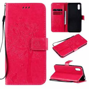 For Xiaomi Redmi 9A Tree & Cat Pattern Pressed Printing Horizontal Flip PU Leather Case with Holder & Card Slots & Wallet & Lanyard(Rose Red)