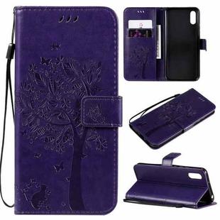For Xiaomi Redmi 9A Tree & Cat Pattern Pressed Printing Horizontal Flip PU Leather Case with Holder & Card Slots & Wallet & Lanyard(Purple)