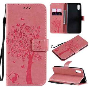 For Xiaomi Redmi 9A Tree & Cat Pattern Pressed Printing Horizontal Flip PU Leather Case with Holder & Card Slots & Wallet & Lanyard(Pink)