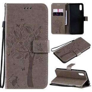 For Xiaomi Redmi 9A Tree & Cat Pattern Pressed Printing Horizontal Flip PU Leather Case with Holder & Card Slots & Wallet & Lanyard(Gray)