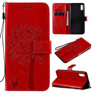 For Xiaomi Redmi 9A Tree & Cat Pattern Pressed Printing Horizontal Flip PU Leather Case with Holder & Card Slots & Wallet & Lanyard(Red)