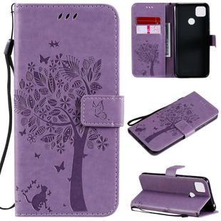 For Xiaomi Redmi 9C Tree & Cat Pattern Pressed Printing Horizontal Flip PU Leather Case with Holder & Card Slots & Wallet & Lanyard(Light Purple)
