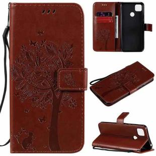 For Xiaomi Redmi 9C Tree & Cat Pattern Pressed Printing Horizontal Flip PU Leather Case with Holder & Card Slots & Wallet & Lanyard(Coffee)