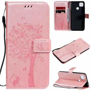 For Xiaomi Redmi 9C Tree & Cat Pattern Pressed Printing Horizontal Flip PU Leather Case with Holder & Card Slots & Wallet & Lanyard(Rose Gold)