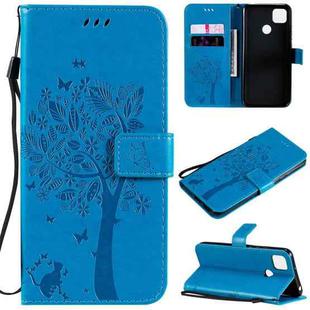 For Xiaomi Redmi 9C Tree & Cat Pattern Pressed Printing Horizontal Flip PU Leather Case with Holder & Card Slots & Wallet & Lanyard(Blue)