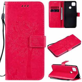 For Xiaomi Redmi 9C Tree & Cat Pattern Pressed Printing Horizontal Flip PU Leather Case with Holder & Card Slots & Wallet & Lanyard(Rose Red)