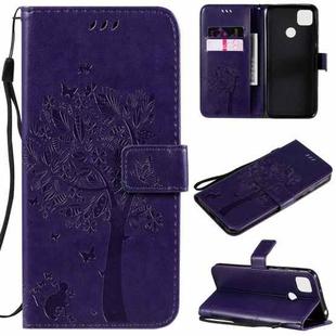 For Xiaomi Redmi 9C Tree & Cat Pattern Pressed Printing Horizontal Flip PU Leather Case with Holder & Card Slots & Wallet & Lanyard(Purple)