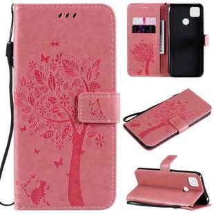 For Xiaomi Redmi 9C Tree & Cat Pattern Pressed Printing Horizontal Flip PU Leather Case with Holder & Card Slots & Wallet & Lanyard(Pink)