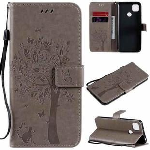 For Xiaomi Redmi 9C Tree & Cat Pattern Pressed Printing Horizontal Flip PU Leather Case with Holder & Card Slots & Wallet & Lanyard(Gray)