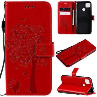 For Xiaomi Redmi 9C Tree & Cat Pattern Pressed Printing Horizontal Flip PU Leather Case with Holder & Card Slots & Wallet & Lanyard(Red)