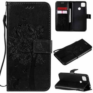 For Xiaomi Redmi 9C Tree & Cat Pattern Pressed Printing Horizontal Flip PU Leather Case with Holder & Card Slots & Wallet & Lanyard(Black)