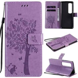 For Xiaomi Mi 10 Ultra Tree & Cat Pattern Pressed Printing Horizontal Flip PU Leather Case with Holder & Card Slots & Wallet & Lanyard(Light Purple)