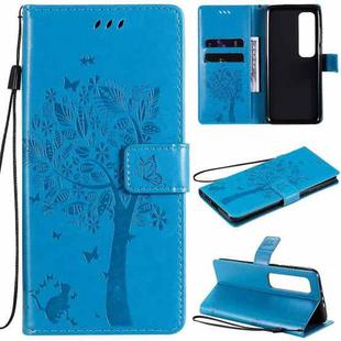 For Xiaomi Mi 10 Ultra Tree & Cat Pattern Pressed Printing Horizontal Flip PU Leather Case with Holder & Card Slots & Wallet & Lanyard(Blue)