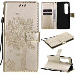 For Xiaomi Mi 10 Ultra Tree & Cat Pattern Pressed Printing Horizontal Flip PU Leather Case with Holder & Card Slots & Wallet & Lanyard(Gold)