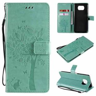 For Xiaomi Poco X3 NFC Tree & Cat Pattern Pressed Printing Horizontal Flip PU Leather Case with Holder & Card Slots & Wallet & Lanyard(Green)