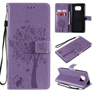 For Xiaomi Poco X3 NFC Tree & Cat Pattern Pressed Printing Horizontal Flip PU Leather Case with Holder & Card Slots & Wallet & Lanyard(Light Purple)