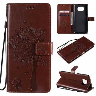 For Xiaomi Poco X3 NFC Tree & Cat Pattern Pressed Printing Horizontal Flip PU Leather Case with Holder & Card Slots & Wallet & Lanyard(Coffee)