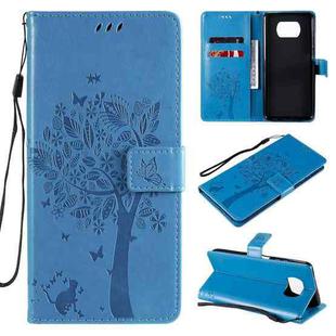 For Xiaomi Poco X3 NFC Tree & Cat Pattern Pressed Printing Horizontal Flip PU Leather Case with Holder & Card Slots & Wallet & Lanyard(Blue)