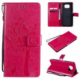 For Xiaomi Poco X3 NFC Tree & Cat Pattern Pressed Printing Horizontal Flip PU Leather Case with Holder & Card Slots & Wallet & Lanyard(Rose Red)