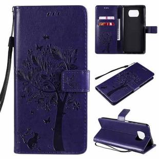 For Xiaomi Poco X3 NFC Tree & Cat Pattern Pressed Printing Horizontal Flip PU Leather Case with Holder & Card Slots & Wallet & Lanyard(Purple)