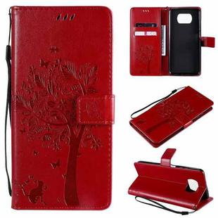 For Xiaomi Poco X3 NFC Tree & Cat Pattern Pressed Printing Horizontal Flip PU Leather Case with Holder & Card Slots & Wallet & Lanyard(Red)