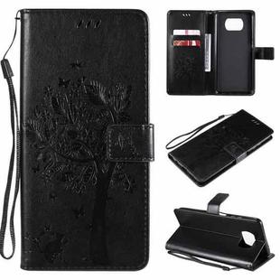 For Xiaomi Poco X3 NFC Tree & Cat Pattern Pressed Printing Horizontal Flip PU Leather Case with Holder & Card Slots & Wallet & Lanyard(Black)