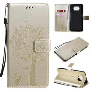 For Xiaomi Poco X3 NFC Tree & Cat Pattern Pressed Printing Horizontal Flip PU Leather Case with Holder & Card Slots & Wallet & Lanyard(Gold)