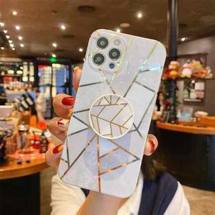 For iPhone 12 Pro Max Splicing Marble Pattern Gilding TPU Protective Case with Foldable Holder(Grey White)