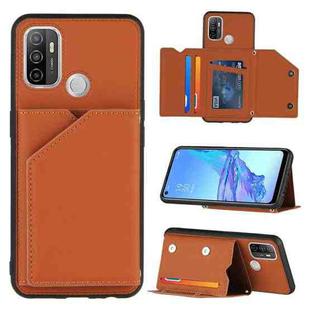 For OPPO A53 Skin Feel PU + TPU + PC Back Cover Shockproof Case with Card Slots & Holder & Photo Frame(Brown)