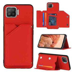 For OPPO F17 Skin Feel PU + TPU + PC Back Cover Shockproof Case with Card Slots & Holder & Photo Frame(Red)