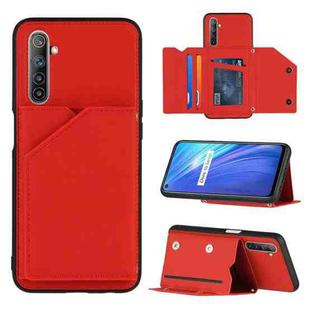For OPPO Realme 6 Skin Feel PU + TPU + PC Back Cover Shockproof Case with Card Slots & Holder & Photo Frame(Red)