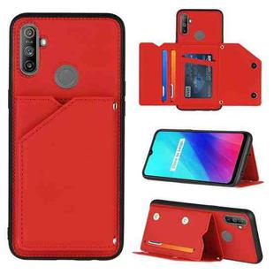 For OPPO Realme C3 Skin Feel PU + TPU + PC Back Cover Shockproof Case with Card Slots & Holder & Photo Frame(Red)