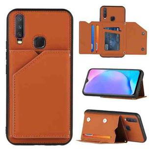 For vivo Y17 & Y15 & Y12 Skin Feel PU + TPU + PC Back Cover Shockproof Case with Card Slots & Holder & Photo Frame(Brown)