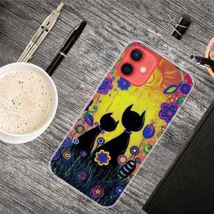 For iPhone 12 / 12 Pro Shockproof Painted Transparent TPU Protective Case(Oil Painting Black Cat)