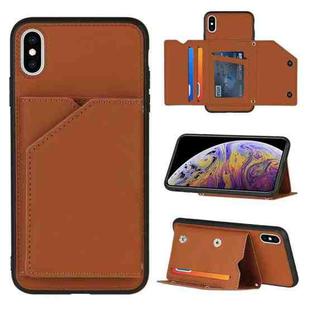 For iPhone X / XS Skin Feel PU + TPU + PC Back Cover Shockproof Case with Card Slots & Holder & Photo Frame(Brown)