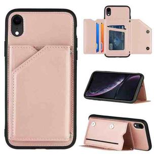 For iPhone XR Skin Feel PU + TPU + PC Back Cover Shockproof Case with Card Slots & Holder & Photo Frame(Rose Gold)