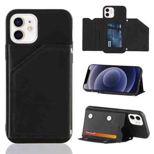 For iPhone 12 mini Skin Feel PU + TPU + PC Back Cover Shockproof Case with Card Slots & Holder & Photo Frame (Black)