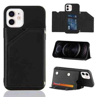 For iPhone 12 / 12 Pro Skin Feel PU + TPU + PC Back Cover Shockproof Case with Card Slots & Holder & Photo Frame(Black)