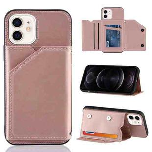 For iPhone 12 / 12 Pro Skin Feel PU + TPU + PC Back Cover Shockproof Case with Card Slots & Holder & Photo Frame(Rose Gold)