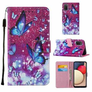 For Samsung Galaxy A02s US Version Cross Texture Painting Pattern Horizontal Flip Leather Case with Holder & Card Slots & Wallet & Lanyard(Purple Butterflies)