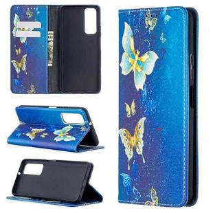 For Huawei P smart 2021 / Y7a Colored Drawing Pattern Invisible Magnetic Horizontal Flip PU Leather Case with Holder & Card Slots & Wallet(Gold Butterflies)